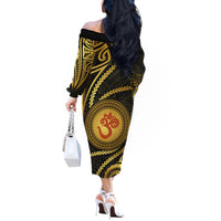 Polynesia Off The Shoulder Long Sleeve Dress With Hindu Om Symbol LT05 - Polynesian Pride
