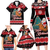 New Zealand Christmas Family Matching Long Sleeve Bodycon Dress and Hawaiian Shirt Funny Santa Riding Kiwi Meri Kirihimete LT05 - Polynesian Pride