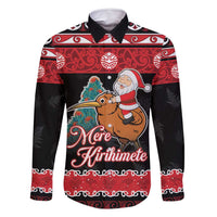 New Zealand Christmas Family Matching Long Sleeve Bodycon Dress and Hawaiian Shirt Funny Santa Riding Kiwi Meri Kirihimete LT05 Dad's Shirt - Long Sleeve Black - Polynesian Pride