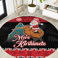 New Zealand Christmas Round Carpet Funny Santa Riding Kiwi Meri Kirihimete LT05 Black - Polynesian Pride