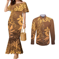 Tiare Tahiti Couples Matching Mermaid Dress and Long Sleeve Button Shirt Brown Polynesia Motifs - Polynesian Pride