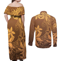 Tiare Tahiti Couples Matching Off Shoulder Maxi Dress and Long Sleeve Button Shirt Brown Polynesia Motifs - Polynesian Pride