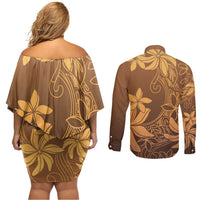 Tiare Tahiti Couples Matching Off Shoulder Short Dress and Long Sleeve Button Shirt Brown Polynesia Motifs - Polynesian Pride