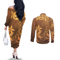 Tiare Tahiti Couples Matching Off The Shoulder Long Sleeve Dress and Long Sleeve Button Shirt Brown Polynesia Motifs - Polynesian Pride