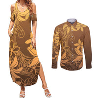 Tiare Tahiti Couples Matching Summer Maxi Dress and Long Sleeve Button Shirt Brown Polynesia Motifs - Polynesian Pride