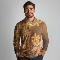 Tiare Tahiti Long Sleeve Polo Shirt Brown Polynesia Motifs - Polynesian Pride