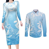 Tiare Tahiti Couples Matching Long Sleeve Bodycon Dress and Long Sleeve Button Shirt Blue Polynesia Motifs - Polynesian Pride