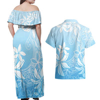 Tiare Tahiti Couples Matching Off Shoulder Maxi Dress and Hawaiian Shirt Blue Polynesia Motifs - Polynesian Pride