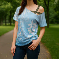 Tiare Tahiti Cross Shoulder Shirt Blue Polynesia Motifs - Polynesian Pride