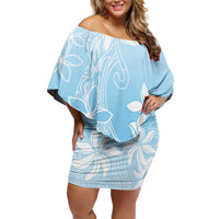 Tiare Tahiti Family Matching Off Shoulder Short Dress and Hawaiian Shirt Blue Polynesia Motifs - Polynesian Pride