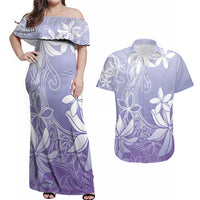 Tiare Tahiti Couples Matching Off Shoulder Maxi Dress and Hawaiian Shirt Purple Polynesia Motifs - Polynesian Pride