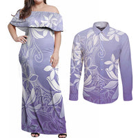 Tiare Tahiti Couples Matching Off Shoulder Maxi Dress and Long Sleeve Button Shirt Purple Polynesia Motifs - Polynesian Pride