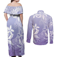 Tiare Tahiti Couples Matching Off Shoulder Maxi Dress and Long Sleeve Button Shirt Purple Polynesia Motifs - Polynesian Pride