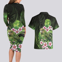 New Zealand Aotearoa Kakapo Couples Matching Long Sleeve Bodycon Dress and Hawaiian Shirt Maori Pattern With Manuka Galaxy Style - Polynesian Pride