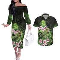 New Zealand Aotearoa Kakapo Couples Matching Off The Shoulder Long Sleeve Dress and Hawaiian Shirt Maori Pattern With Manuka Galaxy Style - Polynesian Pride