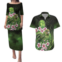 New Zealand Aotearoa Kakapo Couples Matching Puletasi and Hawaiian Shirt Maori Pattern With Manuka Galaxy Style LT05 Green - Polynesian Pride