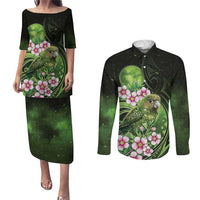 New Zealand Aotearoa Kakapo Couples Matching Puletasi and Long Sleeve Button Shirt Maori Pattern With Manuka Galaxy Style - Polynesian Pride