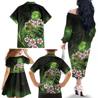 New Zealand Aotearoa Kakapo Family Matching Off The Shoulder Long Sleeve Dress and Hawaiian Shirt Maori Pattern With Manuka Galaxy Style - Polynesian Pride