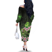 New Zealand Aotearoa Kakapo Family Matching Off The Shoulder Long Sleeve Dress and Hawaiian Shirt Maori Pattern With Manuka Galaxy Style - Polynesian Pride