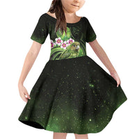 New Zealand Aotearoa Kakapo Family Matching Off Shoulder Short Dress and Hawaiian Shirt Maori Pattern With Manuka Galaxy Style LT05 Daughter's Dress Green - Polynesian Pride