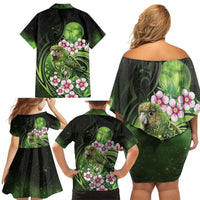 New Zealand Aotearoa Kakapo Family Matching Off Shoulder Short Dress and Hawaiian Shirt Maori Pattern With Manuka Galaxy Style LT05 - Polynesian Pride