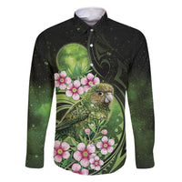 New Zealand Aotearoa Kakapo Family Matching Off Shoulder Short Dress and Hawaiian Shirt Maori Pattern With Manuka Galaxy Style LT05 Dad's Shirt - Long Sleeve Green - Polynesian Pride