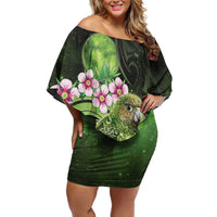 New Zealand Aotearoa Kakapo Family Matching Off Shoulder Short Dress and Hawaiian Shirt Maori Pattern With Manuka Galaxy Style LT05 Green - Polynesian Pride