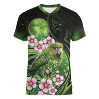 New Zealand Aotearoa Kakapo Women V-Neck T-Shirt Maori Pattern With Manuka Galaxy Style LT05 Female Green - Polynesian Pride
