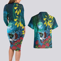 New Zealand Tui Bird Couples Matching Long Sleeve Bodycon Dress and Hawaiian Shirt Maori Koru With Pohutukawa Galaxy Style - Polynesian Pride