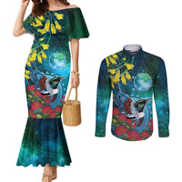 New Zealand Tui Bird Couples Matching Mermaid Dress and Long Sleeve Button Shirt Maori Koru With Pohutukawa Galaxy Style - Polynesian Pride