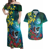 New Zealand Tui Bird Couples Matching Off Shoulder Maxi Dress and Hawaiian Shirt Maori Koru With Pohutukawa Galaxy Style - Polynesian Pride