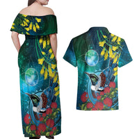 New Zealand Tui Bird Couples Matching Off Shoulder Maxi Dress and Hawaiian Shirt Maori Koru With Pohutukawa Galaxy Style - Polynesian Pride