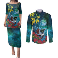 New Zealand Tui Bird Couples Matching Puletasi and Long Sleeve Button Shirt Maori Koru With Pohutukawa Galaxy Style - Polynesian Pride