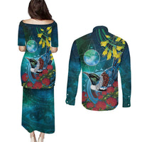 New Zealand Tui Bird Couples Matching Puletasi and Long Sleeve Button Shirt Maori Koru With Pohutukawa Galaxy Style - Polynesian Pride