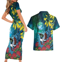 New Zealand Tui Bird Couples Matching Short Sleeve Bodycon Dress and Hawaiian Shirt Maori Koru With Pohutukawa Galaxy Style - Polynesian Pride