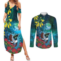 New Zealand Tui Bird Couples Matching Summer Maxi Dress and Long Sleeve Button Shirt Maori Koru With Pohutukawa Galaxy Style - Polynesian Pride