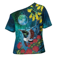 New Zealand Tui Bird Cross Shoulder Shirt Maori Koru With Pohutukawa Galaxy Style - Polynesian Pride