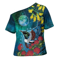 New Zealand Tui Bird Cross Shoulder Shirt Maori Koru With Pohutukawa Galaxy Style - Polynesian Pride