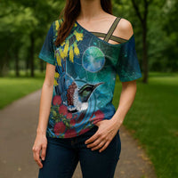 New Zealand Tui Bird Cross Shoulder Shirt Maori Koru With Pohutukawa Galaxy Style - Polynesian Pride