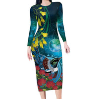 New Zealand Tui Bird Family Matching Long Sleeve Bodycon Dress and Hawaiian Shirt Maori Koru With Pohutukawa Galaxy Style - Polynesian Pride