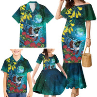 New Zealand Tui Bird Family Matching Mermaid Dress and Hawaiian Shirt Maori Koru With Pohutukawa Galaxy Style - Polynesian Pride