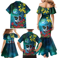 New Zealand Tui Bird Family Matching Mermaid Dress and Hawaiian Shirt Maori Koru With Pohutukawa Galaxy Style - Polynesian Pride
