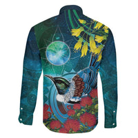 New Zealand Tui Bird Family Matching Off The Shoulder Long Sleeve Dress and Hawaiian Shirt Maori Koru With Pohutukawa Galaxy Style - Polynesian Pride