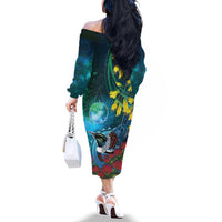 New Zealand Tui Bird Family Matching Off The Shoulder Long Sleeve Dress and Hawaiian Shirt Maori Koru With Pohutukawa Galaxy Style - Polynesian Pride