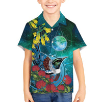 New Zealand Tui Bird Family Matching Off The Shoulder Long Sleeve Dress and Hawaiian Shirt Maori Koru With Pohutukawa Galaxy Style - Polynesian Pride