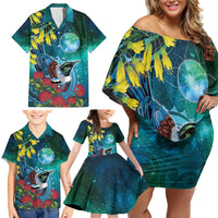 New Zealand Tui Bird Family Matching Off Shoulder Short Dress and Hawaiian Shirt Maori Koru With Pohutukawa Galaxy Style - Polynesian Pride