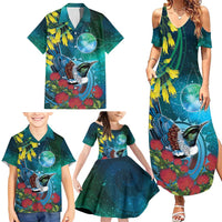 New Zealand Tui Bird Family Matching Summer Maxi Dress and Hawaiian Shirt Maori Koru With Pohutukawa Galaxy Style - Polynesian Pride