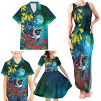 New Zealand Tui Bird Family Matching Tank Maxi Dress and Hawaiian Shirt Maori Koru With Pohutukawa Galaxy Style - Polynesian Pride