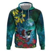 New Zealand Tui Bird Hoodie Maori Koru With Pohutukawa Galaxy Style LT05 Pullover Hoodie Blue - Polynesian Pride