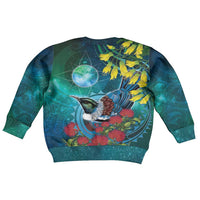 New Zealand Tui Bird Kid Ugly Christmas Sweater Maori Koru With Pohutukawa Galaxy Style LT05 - Polynesian Pride